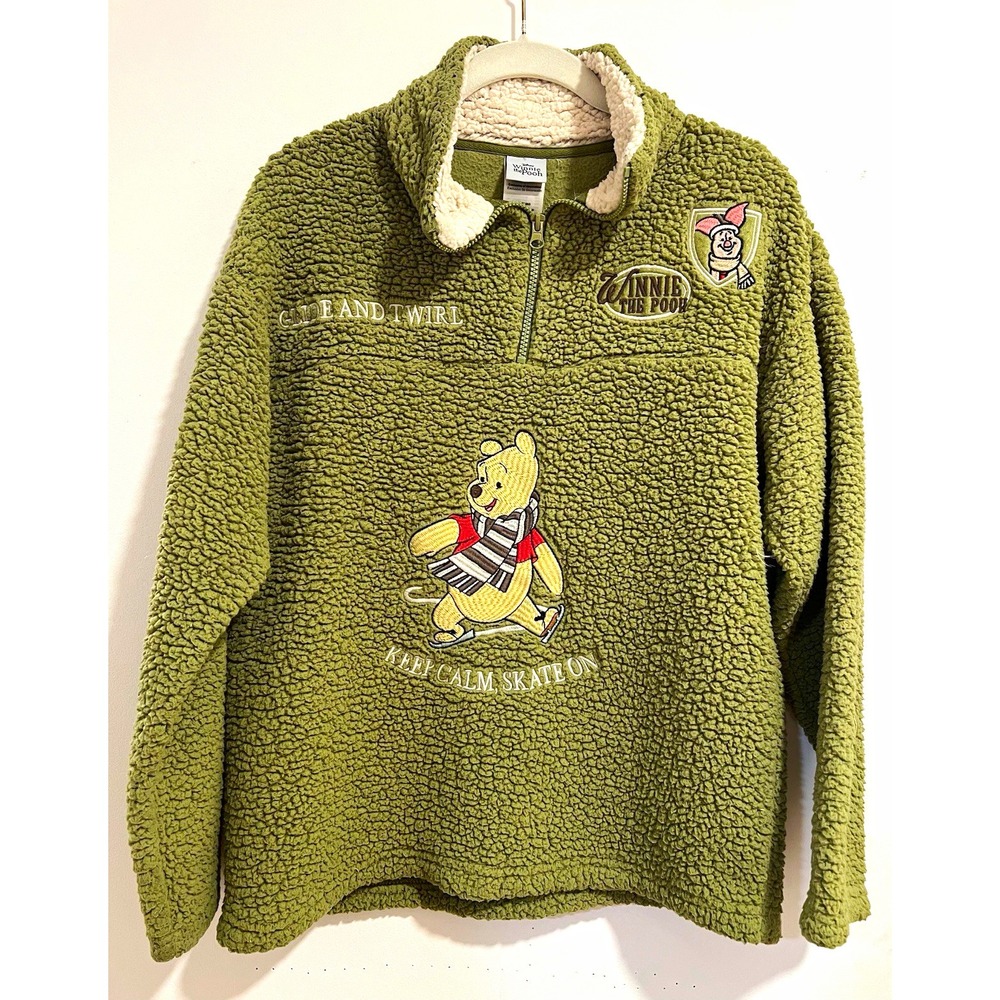 Disney Winnie the Pooh Women’s Small Green Sherpa 1/4 Zip Pullover Winter Theme